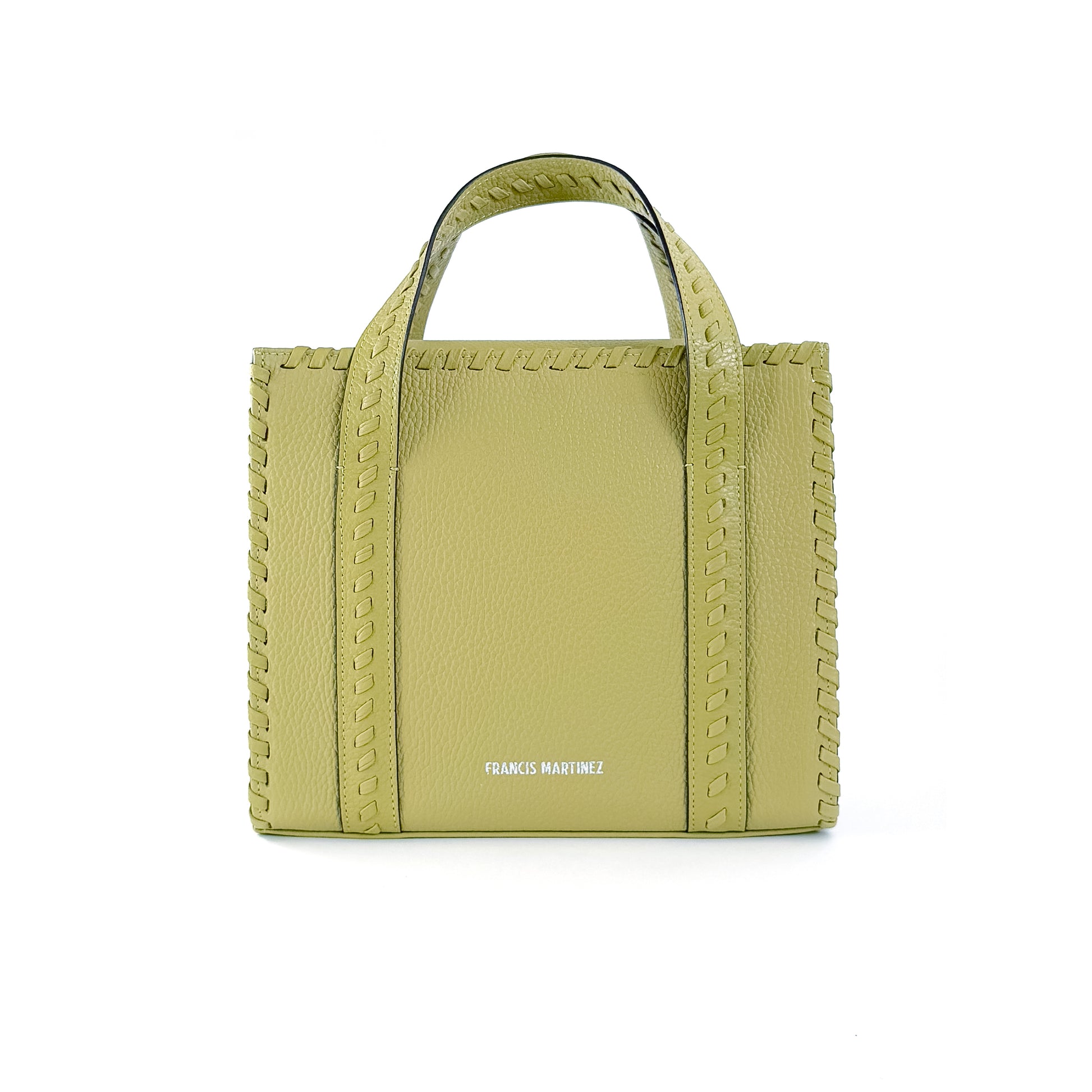 By francis martinez_Bolsa Clementina M | cartera tipo tote mediana en cuero con detalles tejidos a mano en color verde pistacho