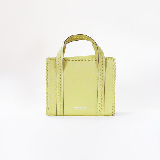 Bolsa Clementina M | cartera tipo tote mediana en cuero con detalles tejida a mano en color verde pistacho